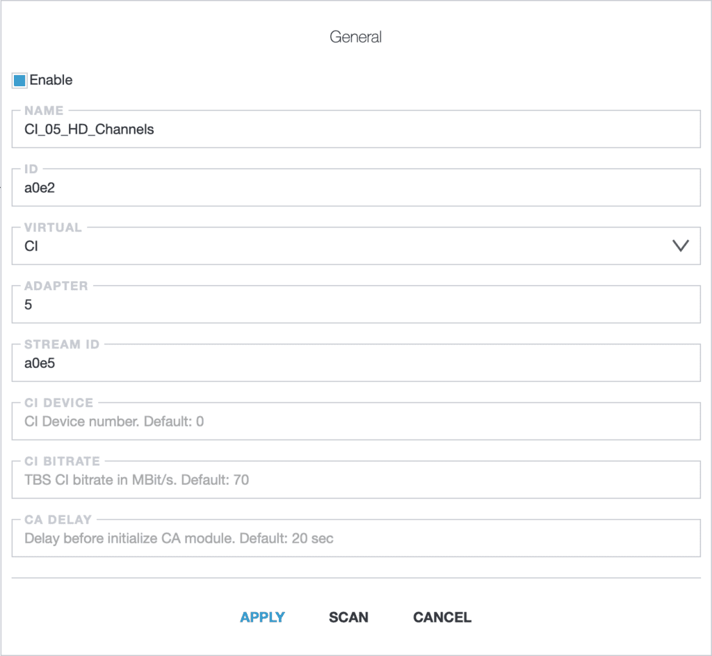 A configuration interface for a CI (Conditional Interface) adapter, detailing settings such as adapter number, stream ID, bitrate, and delay before initialization.