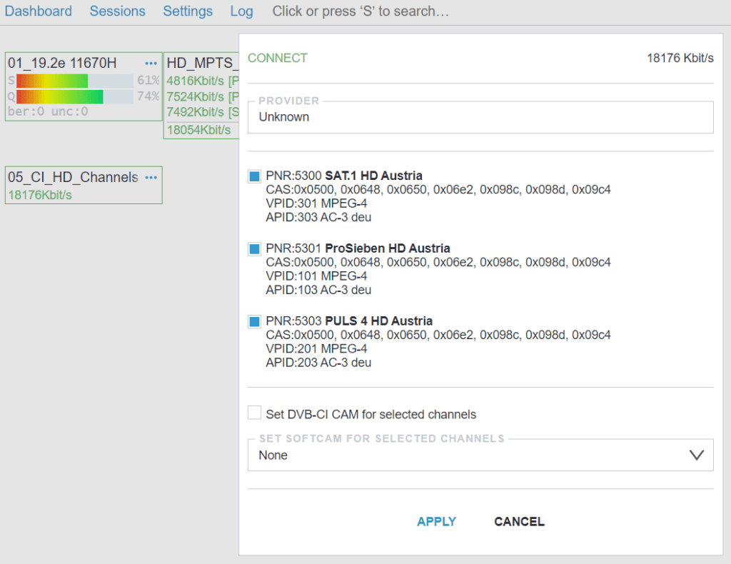 TV channel scan interface showing HD Austria channels with decryption settings and DVB-CI CAM options